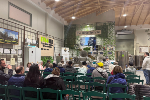 The tour group sits in chairs and listens to a presentation being made by an olive oil producer inside their factory.