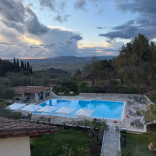 A scenic view from the hillside hotel in ancient Olympia, featuring a pool and lounge chairs in the foreground and mountains and forests far away.