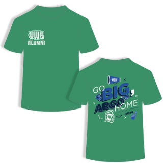 A green tshirt with UWF Alumni on the front right chest and a large graphic on the back that says Go Big Argo Home with various sports related icons surrounding