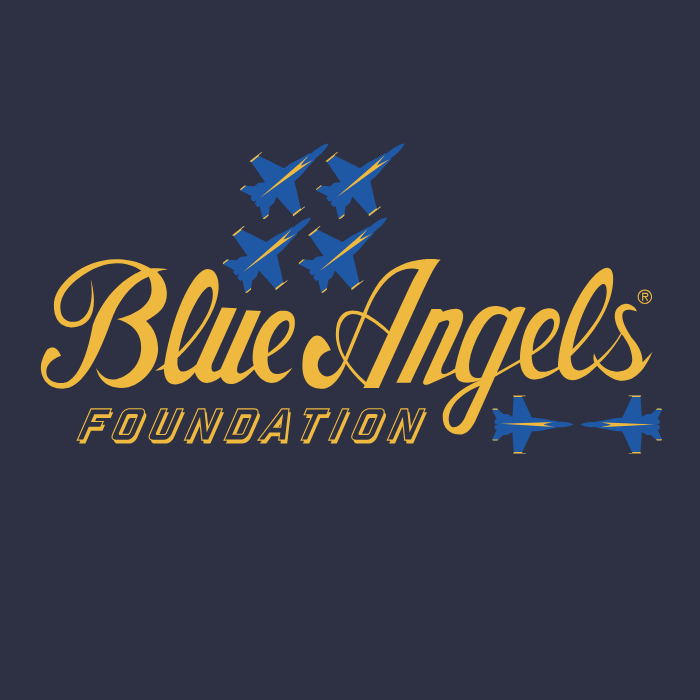Blue Angels Foundation in yellow script with 6 blue fighter jets in formation.