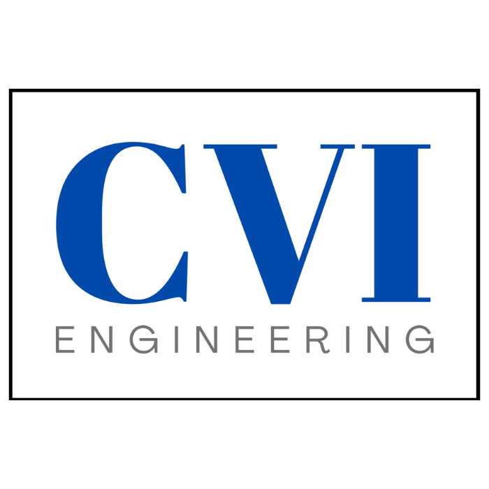 CVI Engineering logo featuring large blue “CVI” lettering with “ENGINEERING” in gray beneath it, enclosed within a black rectangular border.