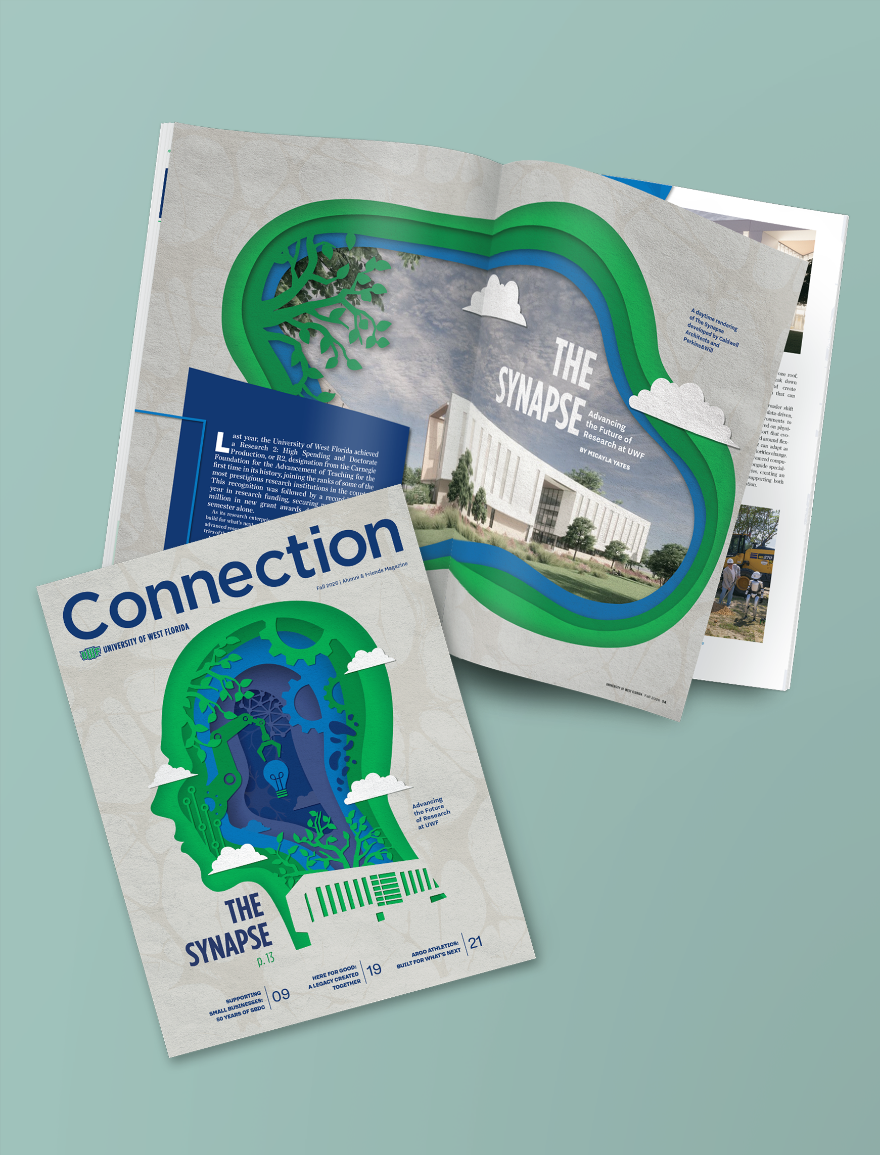 Flat lay of the Fall 2026 issue of UWF Connection magazine, featuring the cover story “The Synapse: Advancing the Future of Research at UWF,” with overlapping magazine pages and green-and-blue UWF-themed artwork.