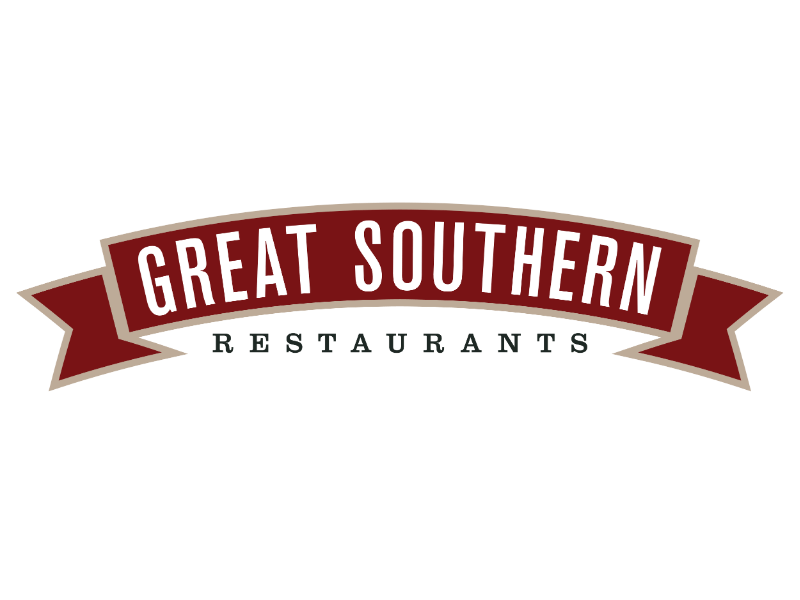 The Great Southern Restaurants logo features a dark red banner with the words “Great Southern” in white lettering and “Restaurants” in dark lettering beneath it.
