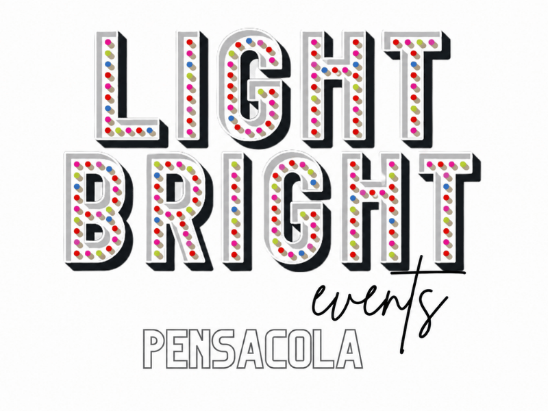 Light Bright Events Pensacola logo with bold marquee-style lettering filled with colorful lights and ‘events’ in script below.