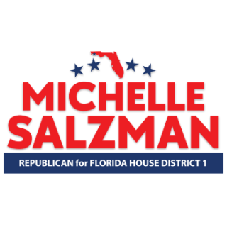 Campaign logo for Michelle Salzman, featuring her name in red, a Florida state silhouette with stars, and the text “Republican for Florida House District 1” in white on a navy blue banner.