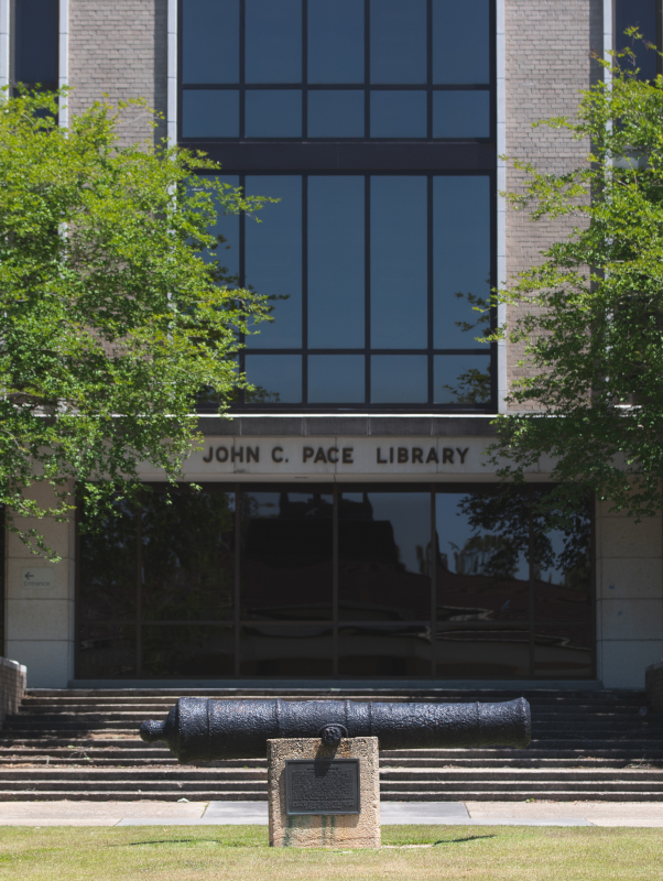 Anin's Cannon sits in front of the John C. Pace Library on the UWF campus.