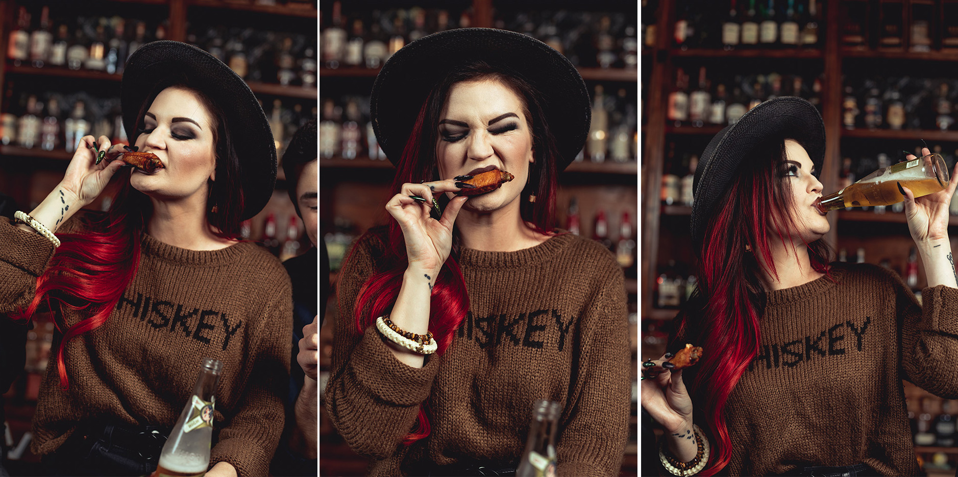 Three photos of Katie Garrett eating wings and drinking from a bottle