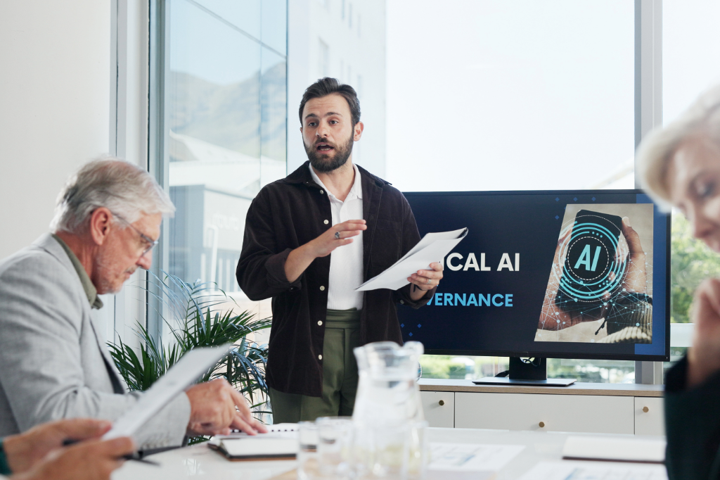 AI project manager giving a presentation