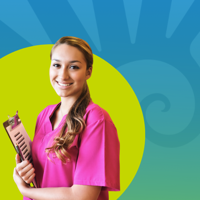 Female healthcare student in front of a UWF themed background