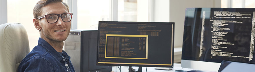 Software development employee at computer