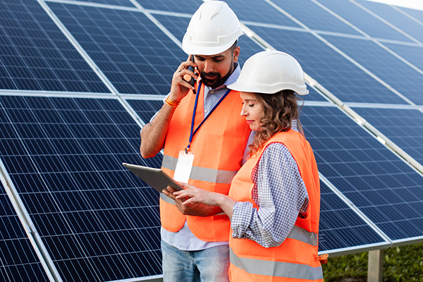 Man and woman solar technologist in solar field
