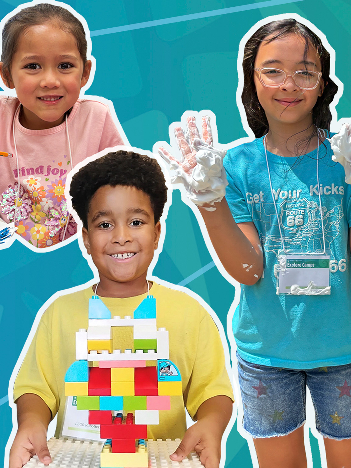 Explore Campers in a variety of camp STEM activities smiling at the camera