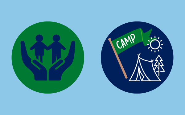 Two images on a blue background where the first is a green circle showing hands holding people and the second is a blue circle with a tent and camp flag.