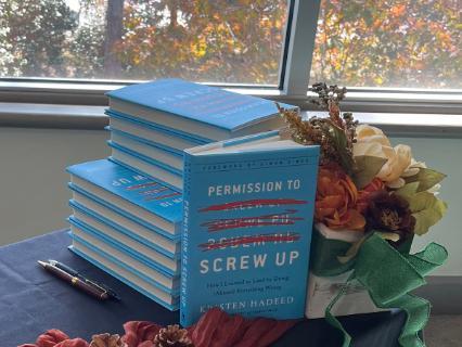 Stack of 2023 UWF Employee Relations Symposium speaker Kristen Hadeed's authored Permission To Screw Up book