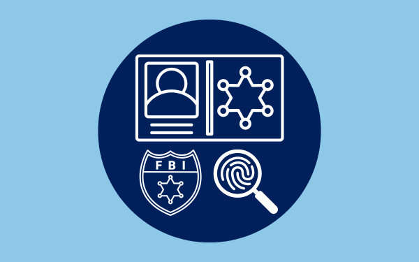 Image of a dark blue circle on a blue background with a bade, magnifying glass, and shield to depict FBI Screenings