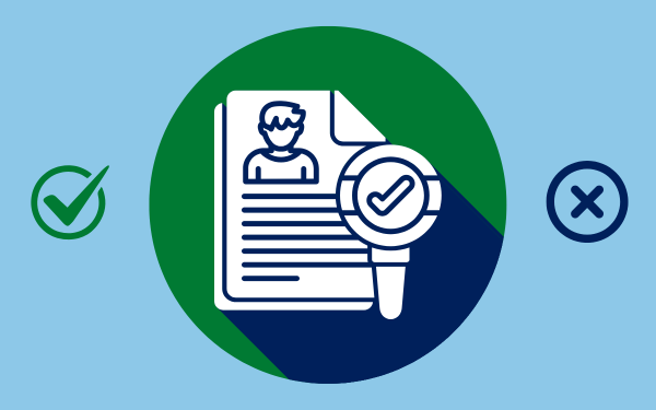 An illustration of a resume with a magnifying glass and checkmark, flanked by a circled check mark on the left and a circled X on the right.