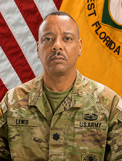 Milton Lewis indoor headshot in military uniform attire with the United States flag and University of Florida military flag in the background.