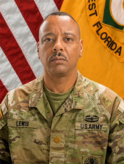 Milton Lewis indoor headshot in military uniform attire with the United States flag and University of Florida military flag in the background.