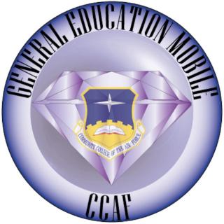 Circular emblem featuring a stylized diamond with the Community College of the Air Force insignia at the center, surrounded by the General Education Mobile text on top and CCAF text on bottom.