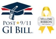 Graphic featuring a graduation cap with Post 9/11 GI Bill text below the cap alongside a yellow ribbon with Yellow Ribbon Program text overlayed on top of the ribbon.