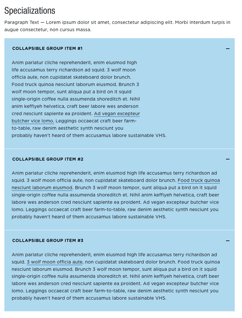 Screenshot example of the accordion content type with three cascading text paragraphs