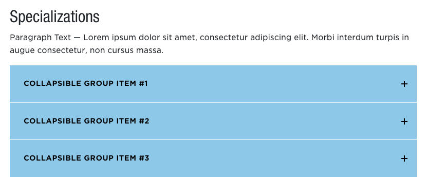 Screenshot example of the accordion content type with three separate labels