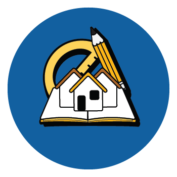 Graphic of a school house on a book with a pencil and protractor behind the book.