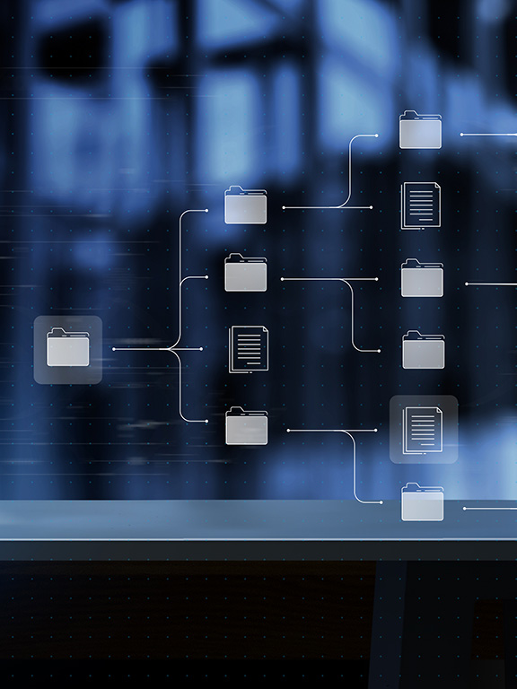 computer directory structure overlaid on top of a server room