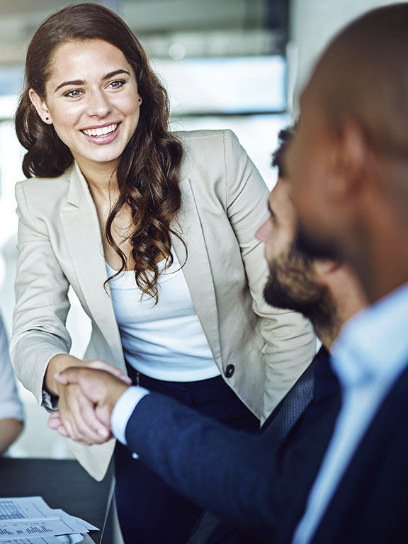 two businesspeople shaking hands during a meeting in the boardroom
