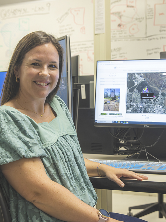 GIS professional at a computer showcasing a GIS project on the screen.