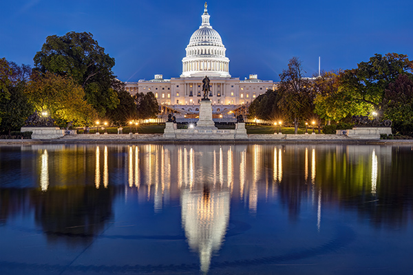 A tranquil view of the U.S. capitol building at night illuminated in the water reflection in front of the building.