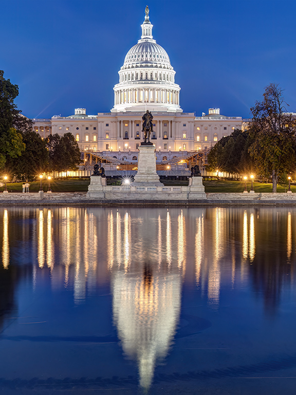 A tranquil view of the U.S. capitol building at night illuminated in the water reflection in front of the building.