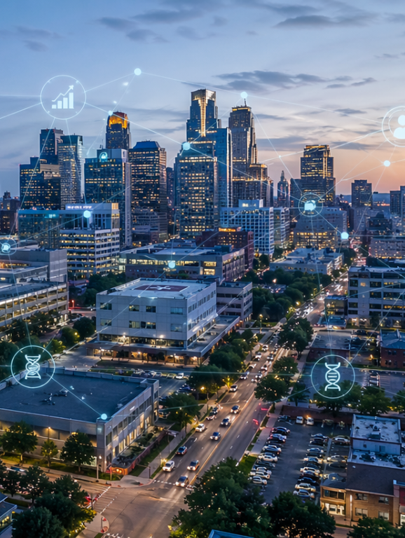 Cityscape with connecting data dot overlay