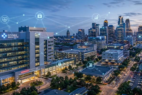 Cityscape with connecting data dot overlay