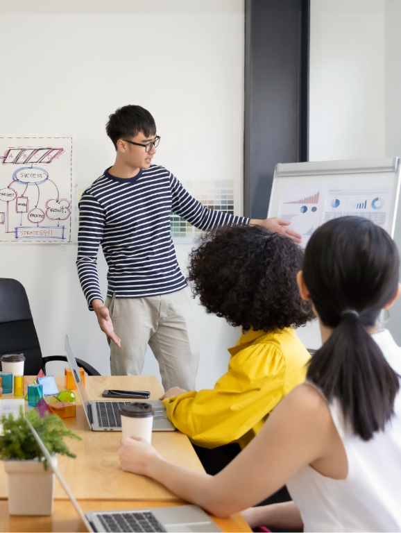 Alt/Description: Five marketing students collaborating on a project indoors with four students seated at a table and one student standing in front of the table with a project presentation board.
