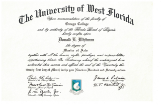 Donald L. Whitman’s Master of Arts diploma from the University of West Florida, 1977.