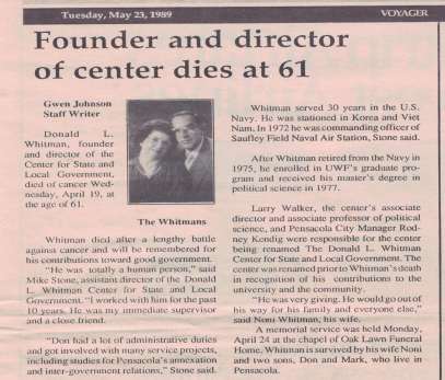 Donald L Whitman Death Announcement