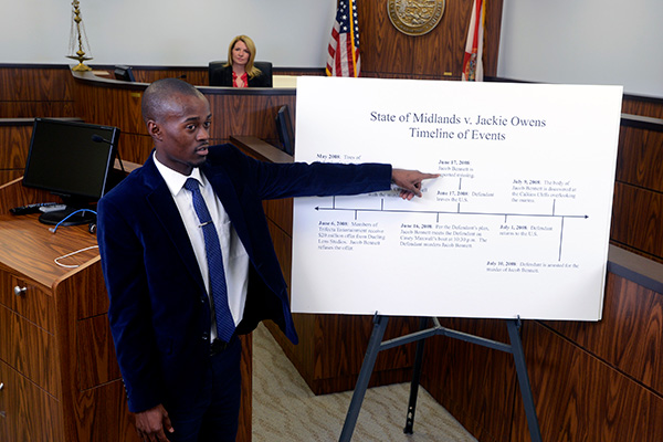 uwf student in a mock trial demonstrating a timeline of events